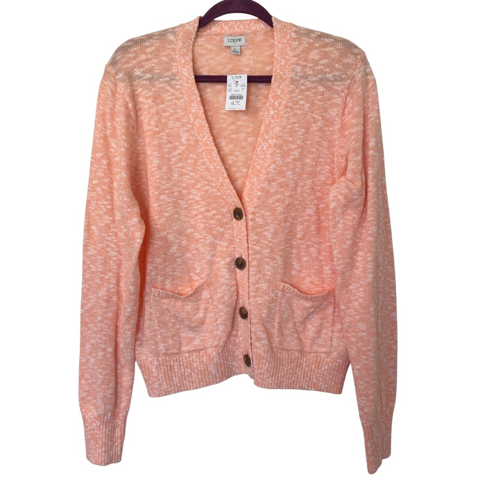 J.Crew Cardigan Sweater Womens L Peach Marled Cotton V-Neck Preppy Classic NWT